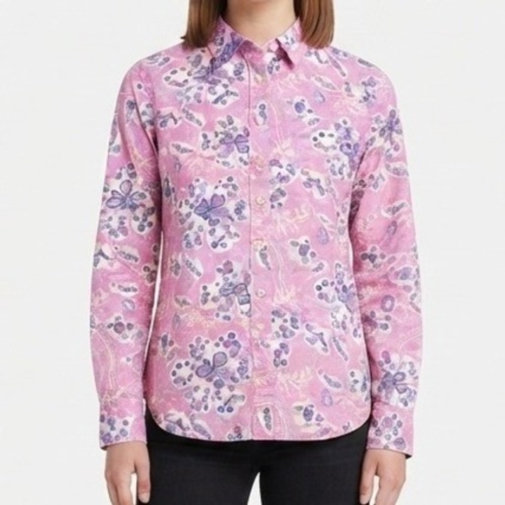 Talbots Button Down Shirt Womens SP Pink Floral Paisley Cotton Long Sleeve